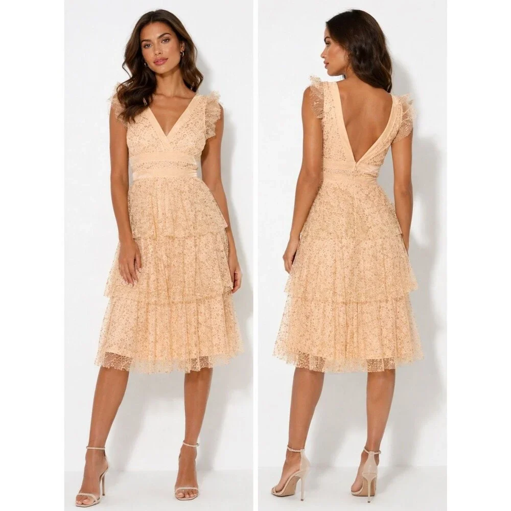 Lulus Stunning Love Nude and Gold Glitter Tiered Midi Dress Size Small